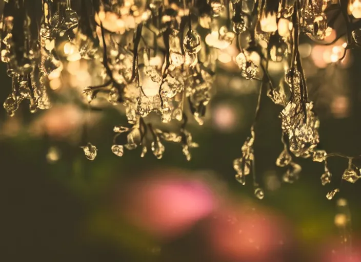 Image similar to a magical forest with crystal flowers that glow in the dusk, close up, bokeh,