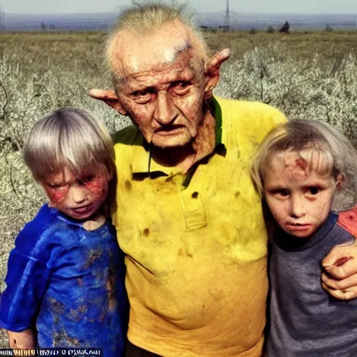 Image similar to selfie of the last surviving ukrainian with children with evil faces, wild pain and damage to the body burns alive to the bone, painted in dirty yellow - blue colors, a huge nuclear explosion is approaching in the background, corpses and skeletons are everywhere, the earth is on fire, smoke and radioactive rain