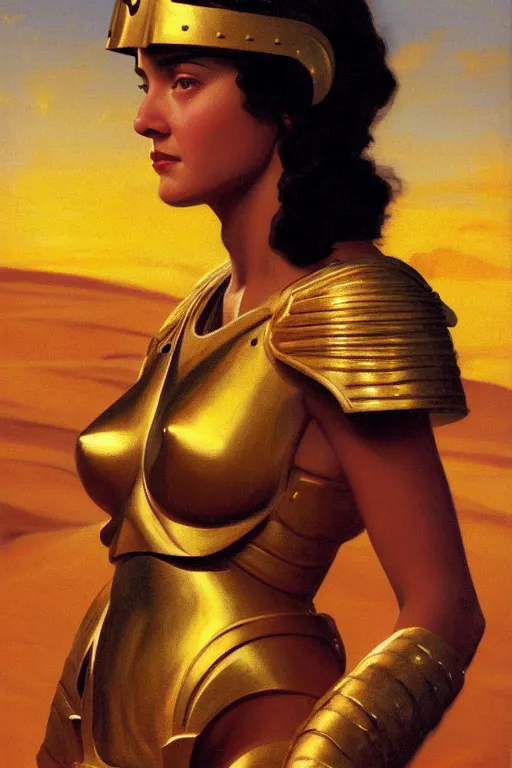 Prompt: young dejah thoris on mars wearing space marine gold armor, after a battle, close - up portrait, tiara, sand dunes to the horizon, sunset, oil painting on canvas, by sargent and leyendecker