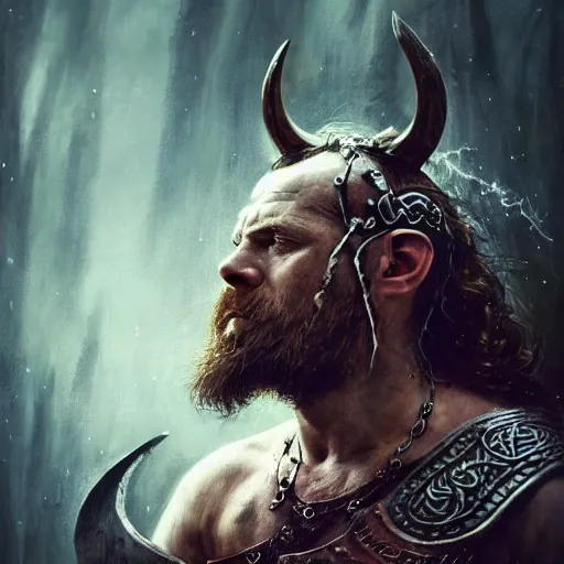 Image similar to Official photo of a majestic fierce viking man, leader, fear, scarred, highly detailed, viking attire, cinematic, 16k, 1080s, by Stanley Artgermm, Tom Bagshaw, Greg Rutkowski, Vincent di Fate, Carne Griffiths, Ayami Kojima, WLOP, trending on DeviantArt, hyper detailed, full of color, digital art,