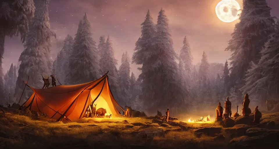 Image similar to an epic fantasy adventurer's camp with a hide tent at night with a full moon, 4 k, extremely detailed. award winning, trending on artstation, 8 k, ultra wide angle