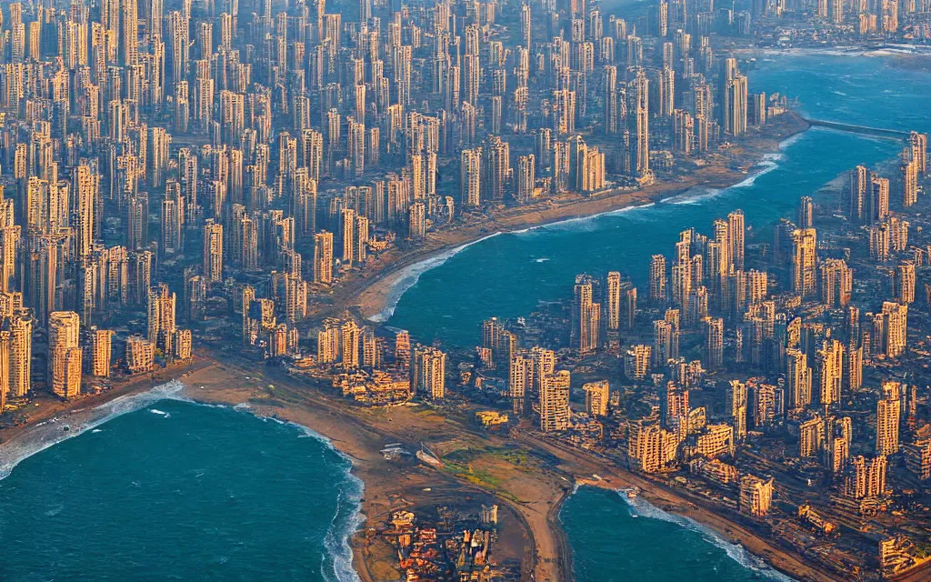 Prompt: mumbai, india in the year 2 0 7 0, street view, coastline, golden hour