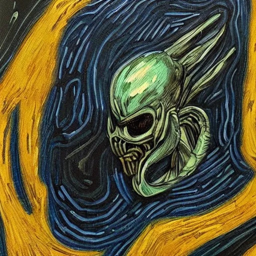 Image similar to a xenomorph in the style of van gogh
