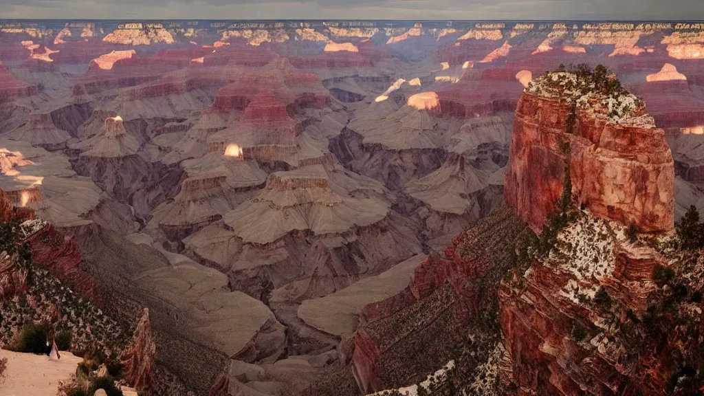 Prompt: an atmospheric screenshot of a film by denis villeneuve featuring a dark gothic cathedral carved out of rock at the top of the grand canyon