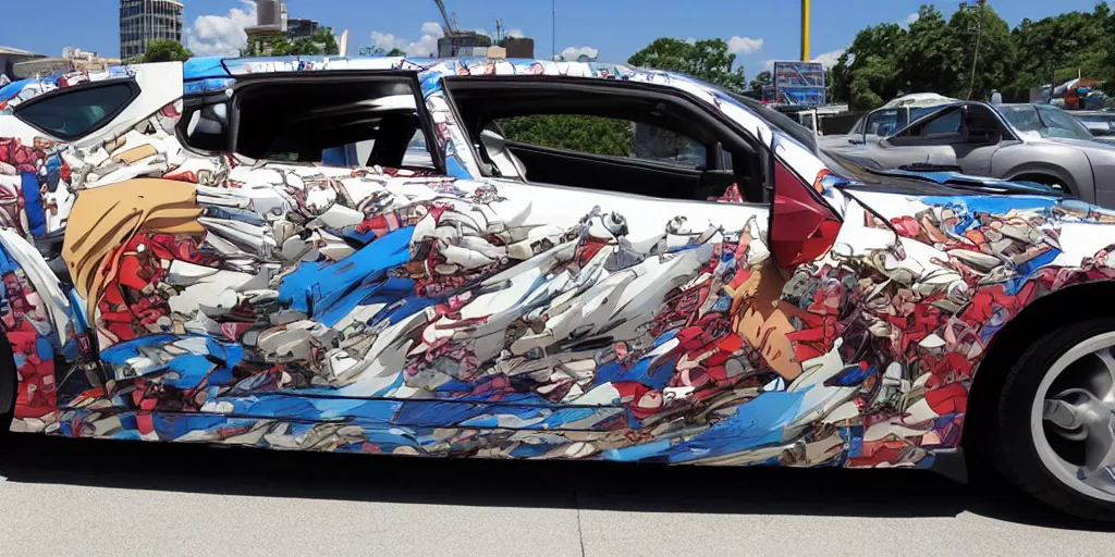 Image similar to side shot, anime car wrap, muscular Bernie sanders