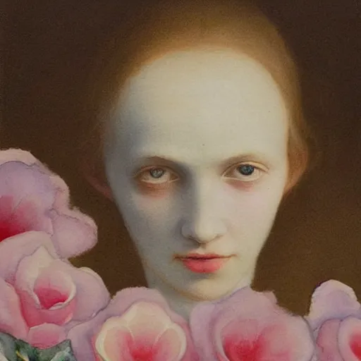 Prompt: close up of a girl morphing into flowers, soft watercolor by gottfried helnwein, by hammershøi, art noveau, highly detailed, lights by edward hopper, liminal, eerie, pastel colors, limited palette