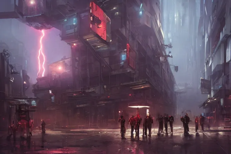 Prompt: The steampunk detective wearing a red tie is walking through a futuristic city locked down under military martial law, lightning in the distance, armed soldiers patrol the streets, cyberpunk theme, telephoto lens, low shot camera angle, hyperdetailed artstation, concept art, sci-fi illustration, digital art, by Greg Rutkowski, by Stephan Martiniere