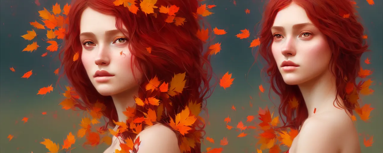 Prompt: girl with with hair becoming autumn red leaves, intricate, dreamy, digital painting, artstation, concept arti, unreal engine 5, 8 k, art by artgerm and greg rutkowski and alphonse mucha