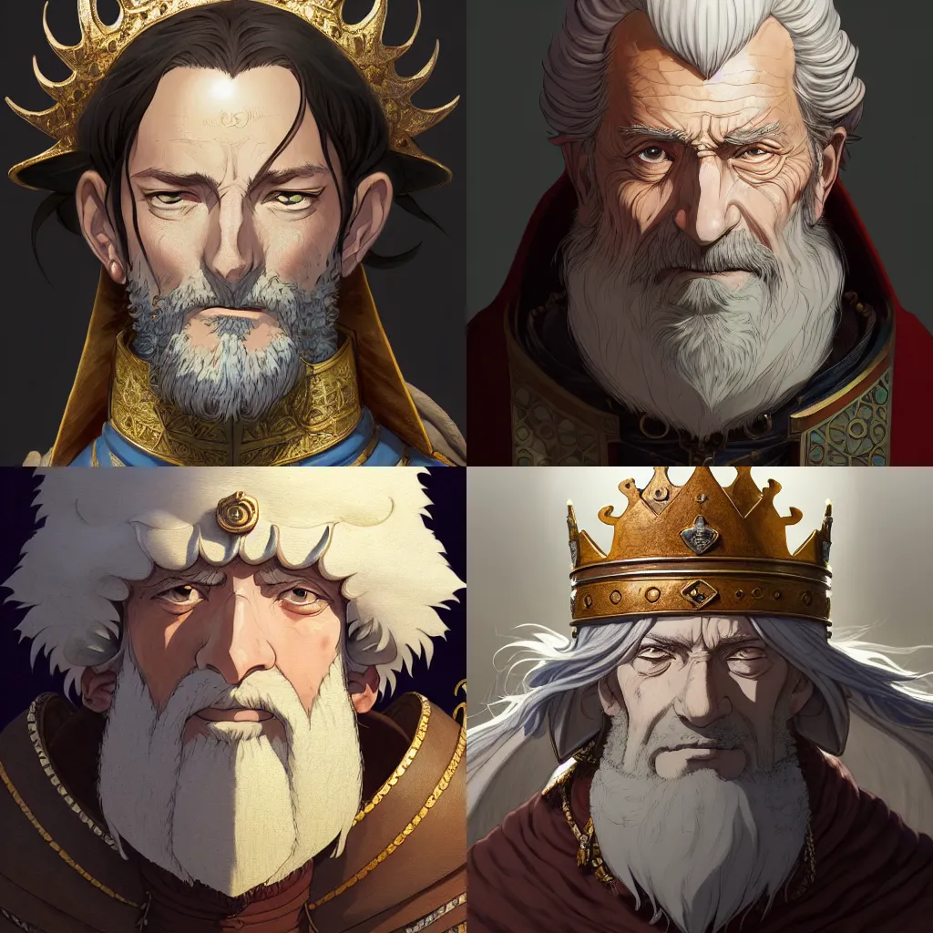 Prompt: portrait of a medieval old king, artstation, cartoon, elegant, highly detailed, digital painting, clean! outstanding! art by ghibli, makoto shinkai, fujita goro, giraud, akihiko yoshida, fadeev 8 k