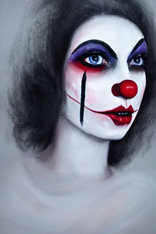 Image similar to detailed painting of a pale clown girl with messy make up