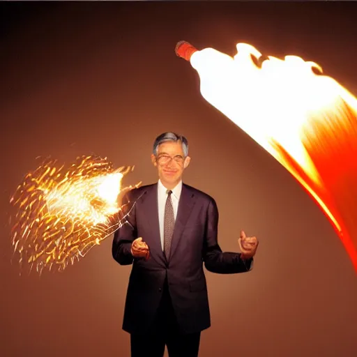 Prompt: photo of Jerome Powell using a flamethrower projecting a long flame. award-winning, highly-detailed