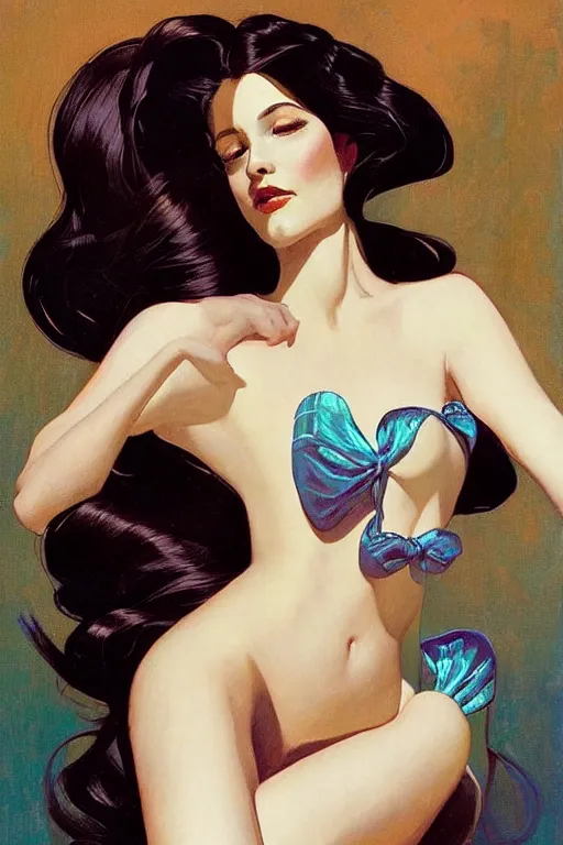 Prompt: Portrait, body centered, dark sultry beautiful mermaid with long flowing hair, wearing iridescent, gossamer gown, by j.c. Leyendecker, Brom, face by Otto Schmidt