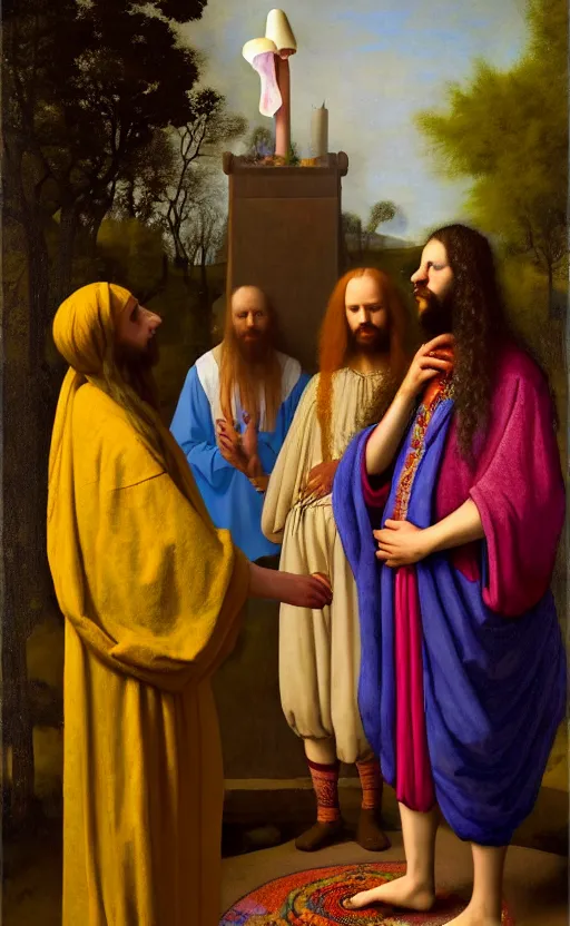 Image similar to hippies gathered around the sacred psychedelic mushroom, anthropomorphic hippie that is wearing floral maxi dresses, oil painting, by johannes vermeer, dnd, character reveal, cosmic, magical, fog, noble, full body portrait, intricate, ornate, extremely detailed, cult, ritual, 4 k, 8 k