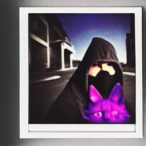 Prompt: selfie with a creepy hooded figure holding a cat in the busy street of Night Vale, sunset, violet tones, polaroid photo, by Warhol,