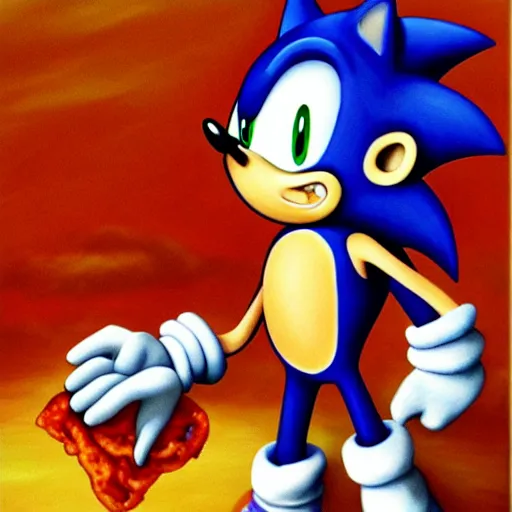 Prompt: Beautiful breathtaking painting of Sonic with a chilidog.