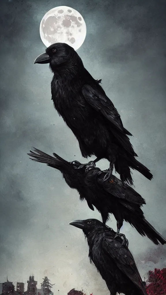 Image similar to portrait, a crow in front of the full big moon, book cover, red white and black colors, establishing shot, extremly high detail, foto realistic, cinematic lighting, by Yoshitaka Amano, Ruan Jia, Kentaro Miura, Artgerm, post processed, concept art, artstation, matte painting, style by eddie mendoza, raphael lacoste, alex ross