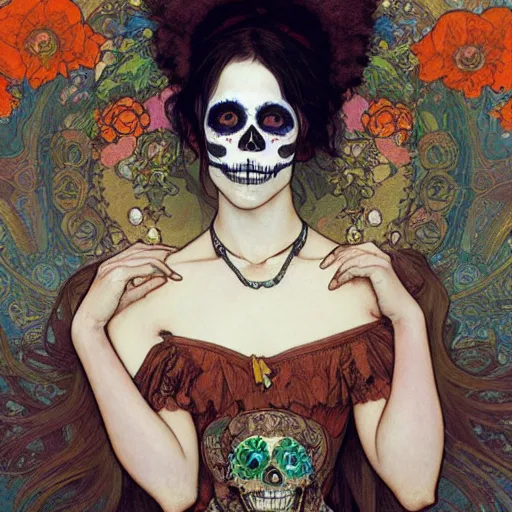 Prompt: realistic detailed painting of a cute punk Día de los Muertos girl by Alphonse Mucha Egon Schiele Ayami Kojima Amano Charlie Bowater, masterpiece