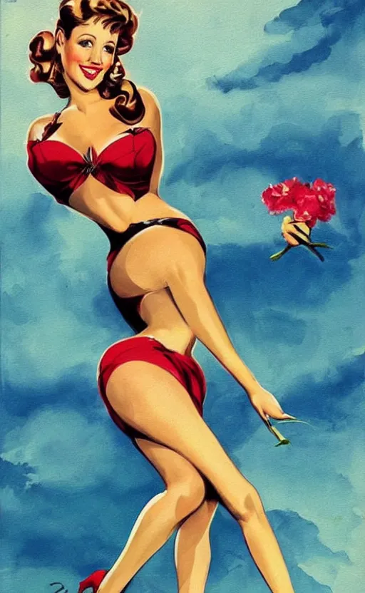 Image similar to beautiful pin up art of Sarah Chalke, tasteful, beautiful composition