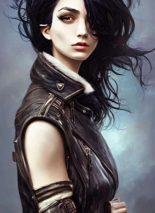 Image similar to a black haired woman in a leather jacket, muscular upper body, abs, d & d, fantasy, intricate, elegant, highly detailed, digital painting, artstation, concept art, smooth, sharp focus, illustration, art by anna dittmann