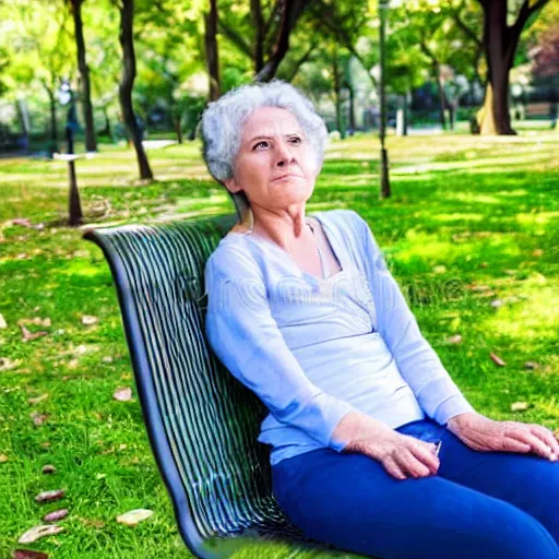 Image similar to an older woman sitting in a park wearing a thin translucent oxygen line under her nose, 4 k, stock photo