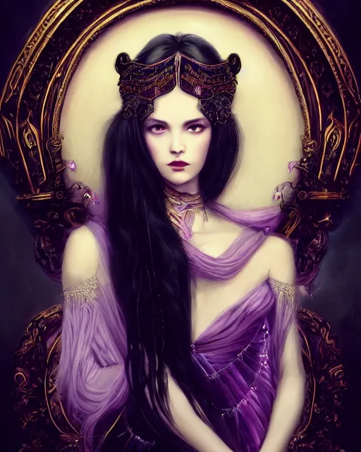 Image similar to a beautiful image of a young woman, Liliana vess the last hope, long flowing black hair, ornate headdress, Victorian purple and black costume, young female face, cinematic top lighting, insanely detailed and intricate, face by wlop, Charlie Bowater, golden ratio, symmetric, elegant, ornate, luxury, elite, matte painting, cinematic, trending on artstation, deviantart and cgsociety, 8k, high resolution