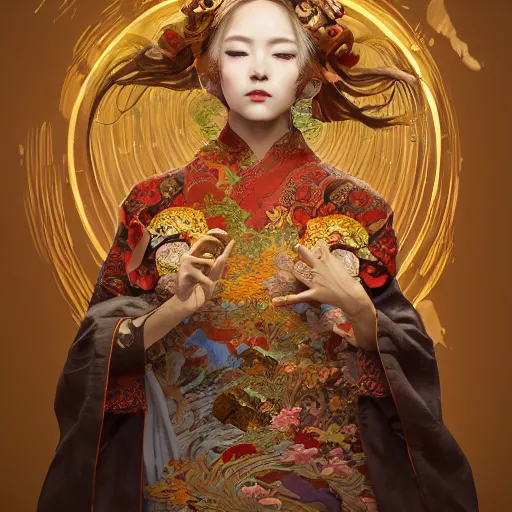 Image similar to a photorealistic dramatic fantasy render of a beautiful woman wearing a beautiful intricately detailed japanese komainu kitsune mask and clasical japanese kimono by wlop, artgerm, greg rutkowski, alphonse mucha, beautiful dynamic dramatic dark moody lighting, shadows, cinematic atmosphere, artstation, concept design art, octane render, 8 k