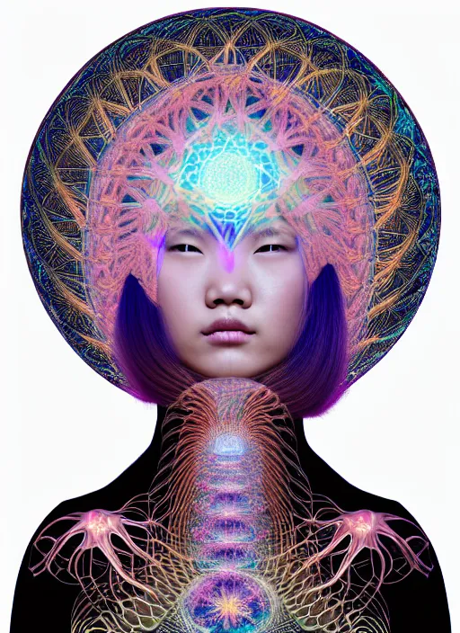 Prompt: ridiculously beautiful young asian woman tripping, caduceus fractals radiating from head with sacred geometry, cosmic, natural, awakening, symmetrical, in the style of ernst haeckel, effervescent, warm, photo realistic, epic and cinematic