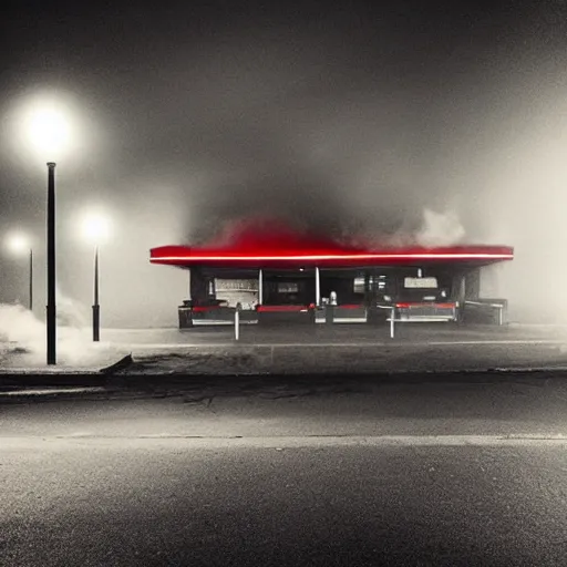 Prompt: “soviet gas station, fog, night, atmospheric lighting, red lights, digital photography”