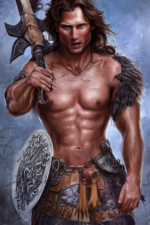 Image similar to romance book for women illustration, front portrait of attractive sam winchester as a viking warrior, clothes torn apart, muscular chest tattooed with runes and symbols, d & d!, fantasy style, sharp focus!, ultra detailed, art by artgerm and peter andrew jones, wlop