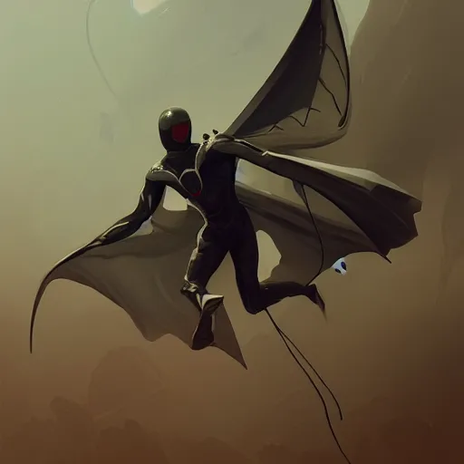 Image similar to a hero named rope man, his suit is black and blue and he has a bat like wing suit under it, mystic, concept art, artstation, greg rutkowski, reference sheet