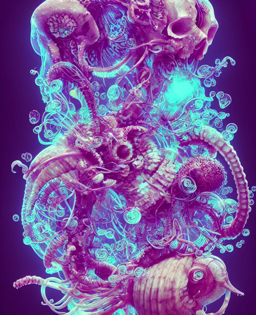 Image similar to goddess close-up portrait ram skull, thorax, x-ray, backbone, jellyfish phoenix head, nautilus, orchid, skull, betta fish, bioluminiscent creatures, intricate artwork by Tooth Wu and wlop and beeple. octane render, trending on artstation, greg rutkowski very coherent symmetrical artwork. cinematic, hyper realism, high detail, octane render, 8k