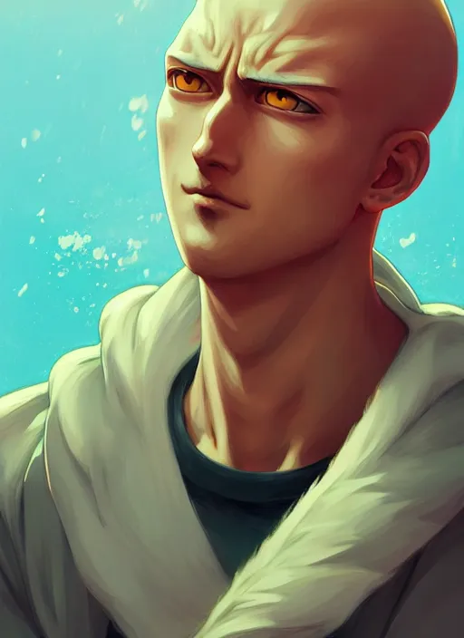 Prompt: handsome saitama, half body shot, path traced, fighting, highly detailed, high quality, digital painting, alena aenami, lilia alvarado, shinji aramaki, karol bak, alphonse mucha, tom bagshaw