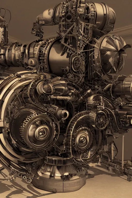 Image similar to octane render, 1 9 4 0's futurist advertising showroom photograph of a techno - magical, dieselpunk, reality shifting device. a gizmo, artifact, or machine. gas powered engine included. intricate detail. clockwork, industrial steampunk.