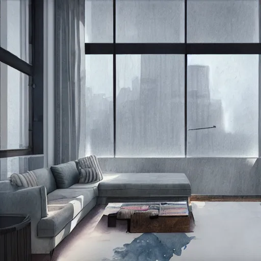 Image similar to modern loft overlooking central park in a blizzard, sketch over watercolor lines, artstation, pastels, octane, unreal engine, dynamic