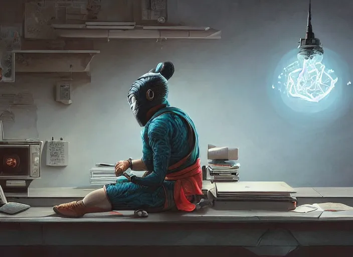 Image similar to an insanely detailed painting of an asian man wearing a homemade superhero costume, sitting at a desk, staring seriously at the computer and typing, in the style of peter mohrbacher, james jean, rutkowski, dramatic lighting and composition, surreal background, octane render, pixar, trending on artstation, concept art, comic book, view from behind, 8 k