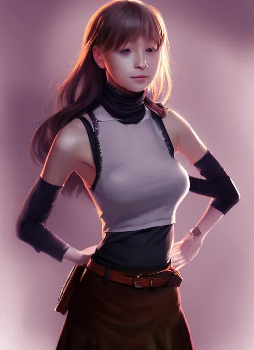 Image similar to portrait of a full body of beautiful young female detective, d & d, sleeveless turtleneck, pencil skirt, fantasy, flat lighting, intricate, highly detailed, digital painting, artstation, concept art, smooth, sharp focus, illustration, misa amane, art by simon bisley and greg rutkowski and alphonse mucha, natural tpose