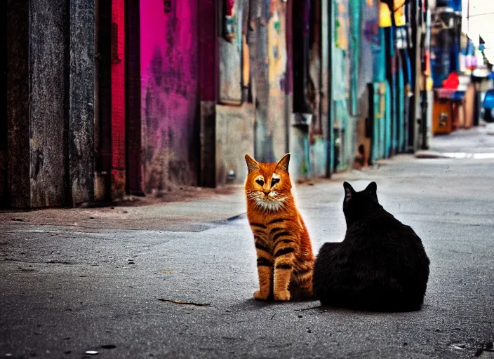 Image similar to photography of a Cat sitting on a box. in a cyberpunk street, award winning photo, colors, 100mm, sharp, high res