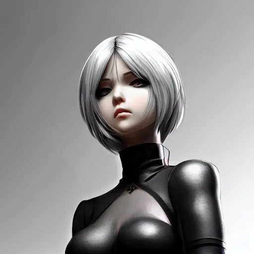 Image similar to 2B Nier automata, portrait, 4k, realistic, unreal engine render, trending in artstation, artstationHD, artstationHQ