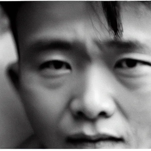 Image similar to photo of Leslie Cheung Kwok Wing by Diane Arbus, extreme closeup, black and white, high contrast, Rolleiflex, 55mm f/4 lens