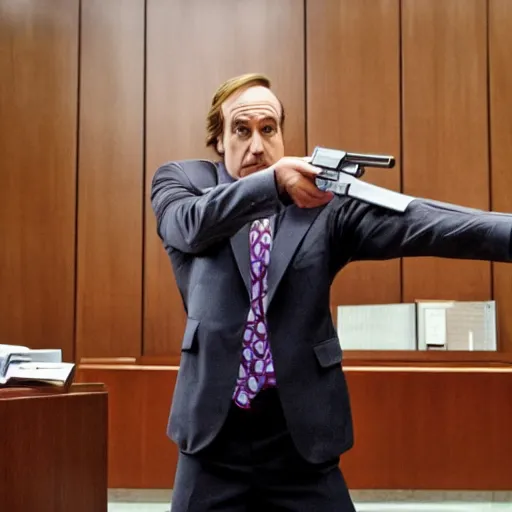 Image similar to saul goodman shooting a gun in a courthouse