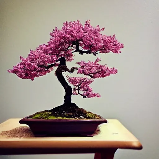 Image similar to a sakura bonsai tree on a desk in a living room, beautiful, high detail, cinematic, instagram,