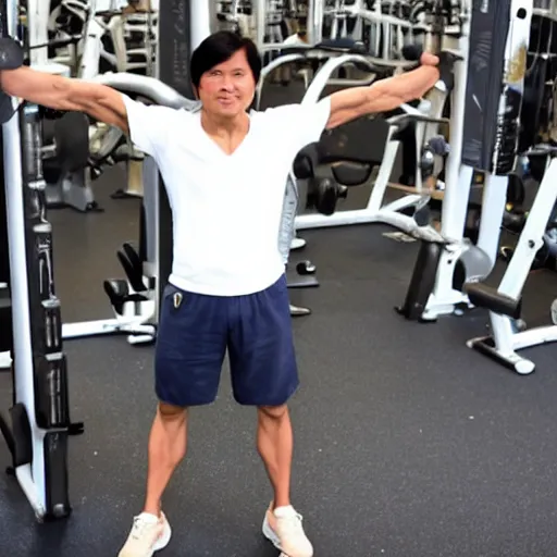 Image similar to A very muscular BongBong Marcos flexing in the gym