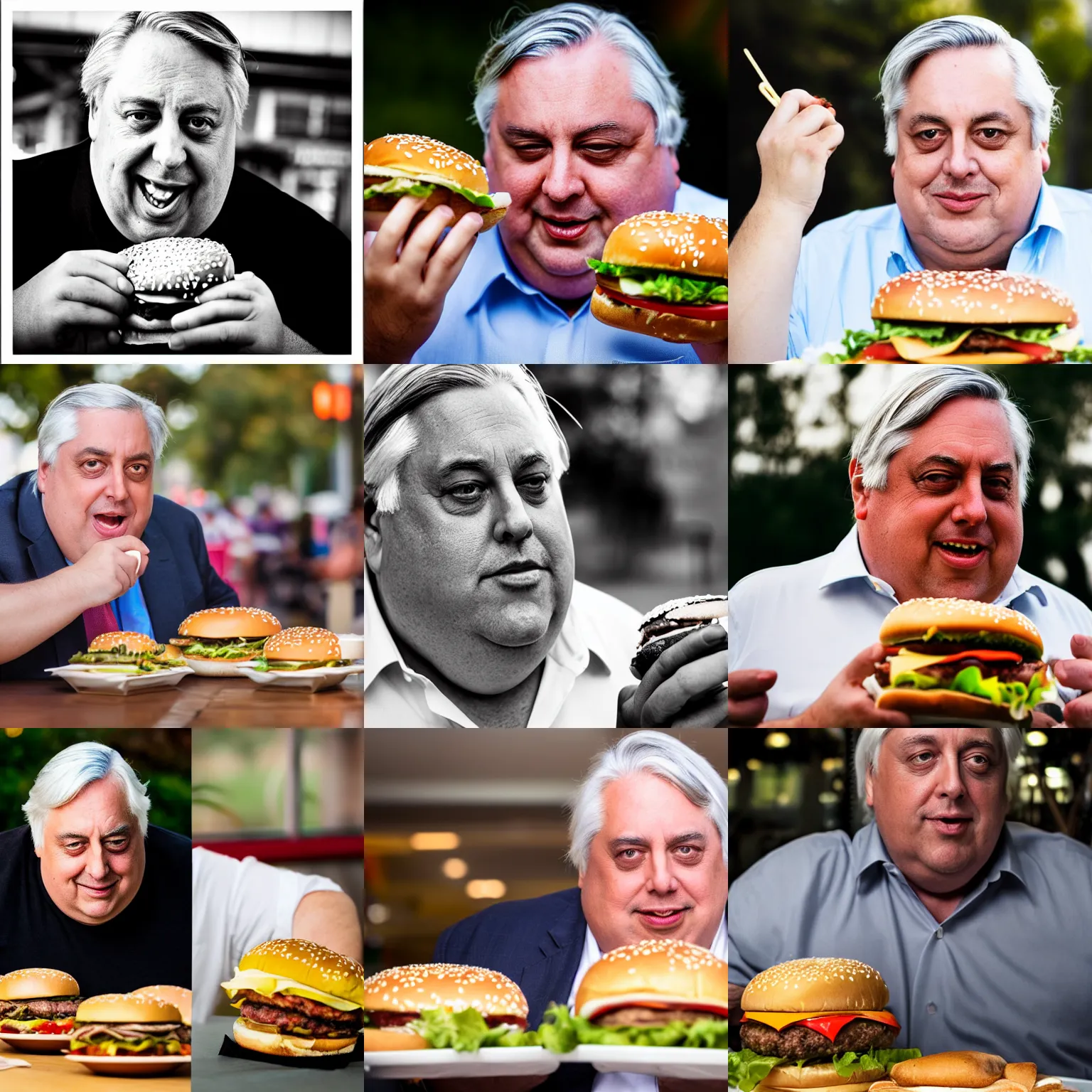Prompt: Clive Palmer eating burgers, portrait photography, depth of field, bokeh