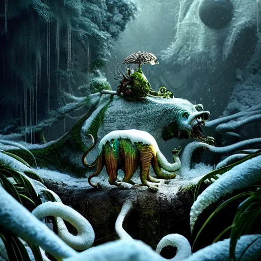 Image similar to creature in a lush trunda vegetation, snow snow :: by Michal Karcz, Daniel Merriam, Victo Ngai and Guillermo del toro :: ornate, dynamic, particulate, intricate, elegant, highly detailed, centered, artstation, smooth, sharp focus, octane render, 3d