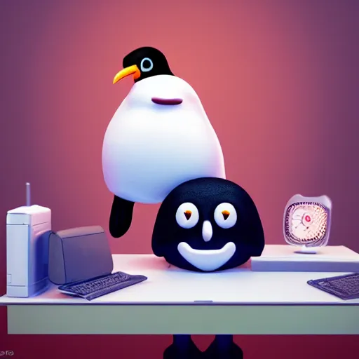 Image similar to pingu sitting behind a computer, 3 d render, painted by mark ryden, art, epic lighting