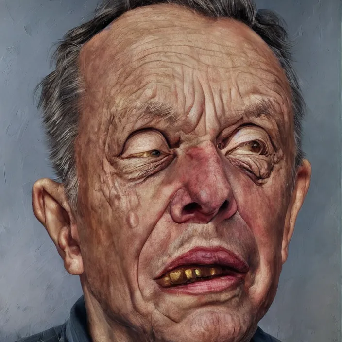 Image similar to hyperrealistic close up studio portrait of aging old Elon Musk age 103 wrinkled sorrowful, oil painting by Ivan Albright and Lucian Freud and Ron Mueck, trending on artstation Studio lighting hyperrealism