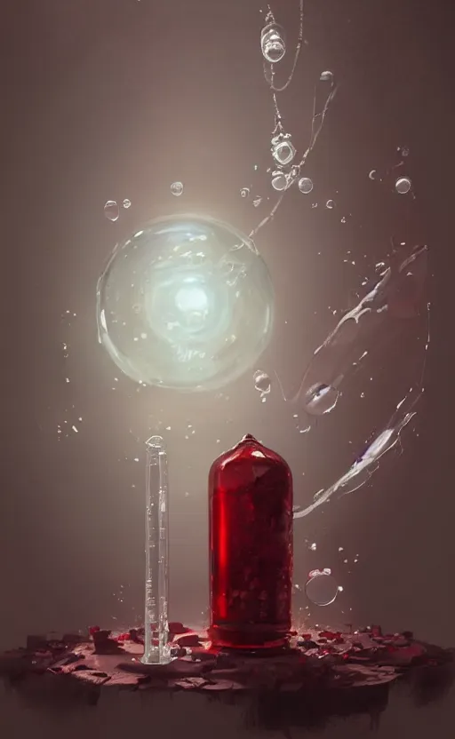 Image similar to a beautiful painting illustration of a health potion, scratched vial, bubbles, crimson, by greg rutkowski, featured on artstation, rpg item