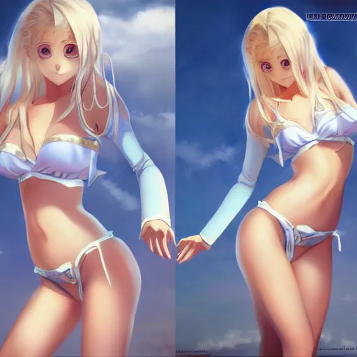 Prompt: full body shot : a very beautiful young blond circus anime girl, sky blue eyes, bikini, white miniskirt, highly detailed, cinematic wallpaper by stanley artgerm lau