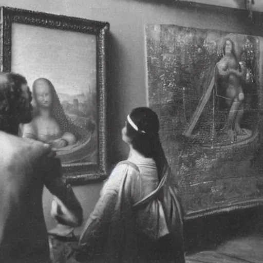 Image similar to old vintage photo from behind of leonardo da vinci painting his unfinished painting of monalisa