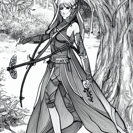 Prompt: female elven archer in forest, manga line art style